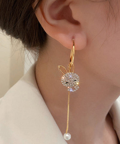Mode Gold Sterling Silber Overgild Zirkon Asymmetrie Kleine Kaninchen Quaste Tropfen Ohrringe 