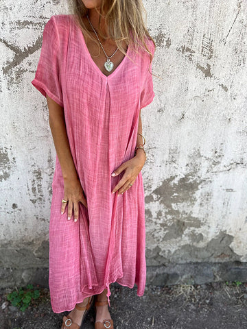 Vestido midi de algodón y lino con cuello en V 