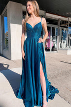 Langes, pfauenblaues A-Linien-Abendkleid mit Spaghettiträgern und Schlitz vorne