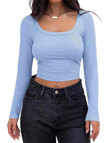 Women's Long Sleeve Square Neck Crop Top Ribbed Slim Fitted Y2K Casual T-Shirt Tops