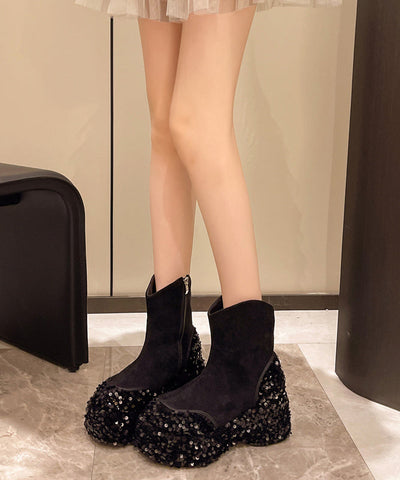 Gelbe Wildleder-Pailletten-Spleißen-Mode-Plateaustiefel 