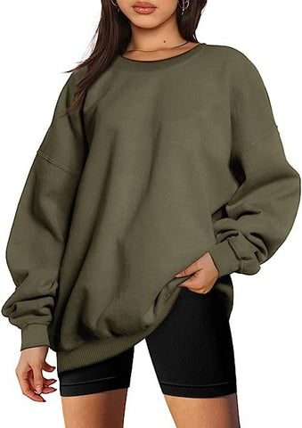 Women Clothing Round Neck Pullover Loose Casual Fleece Lined Oversized Sweater
