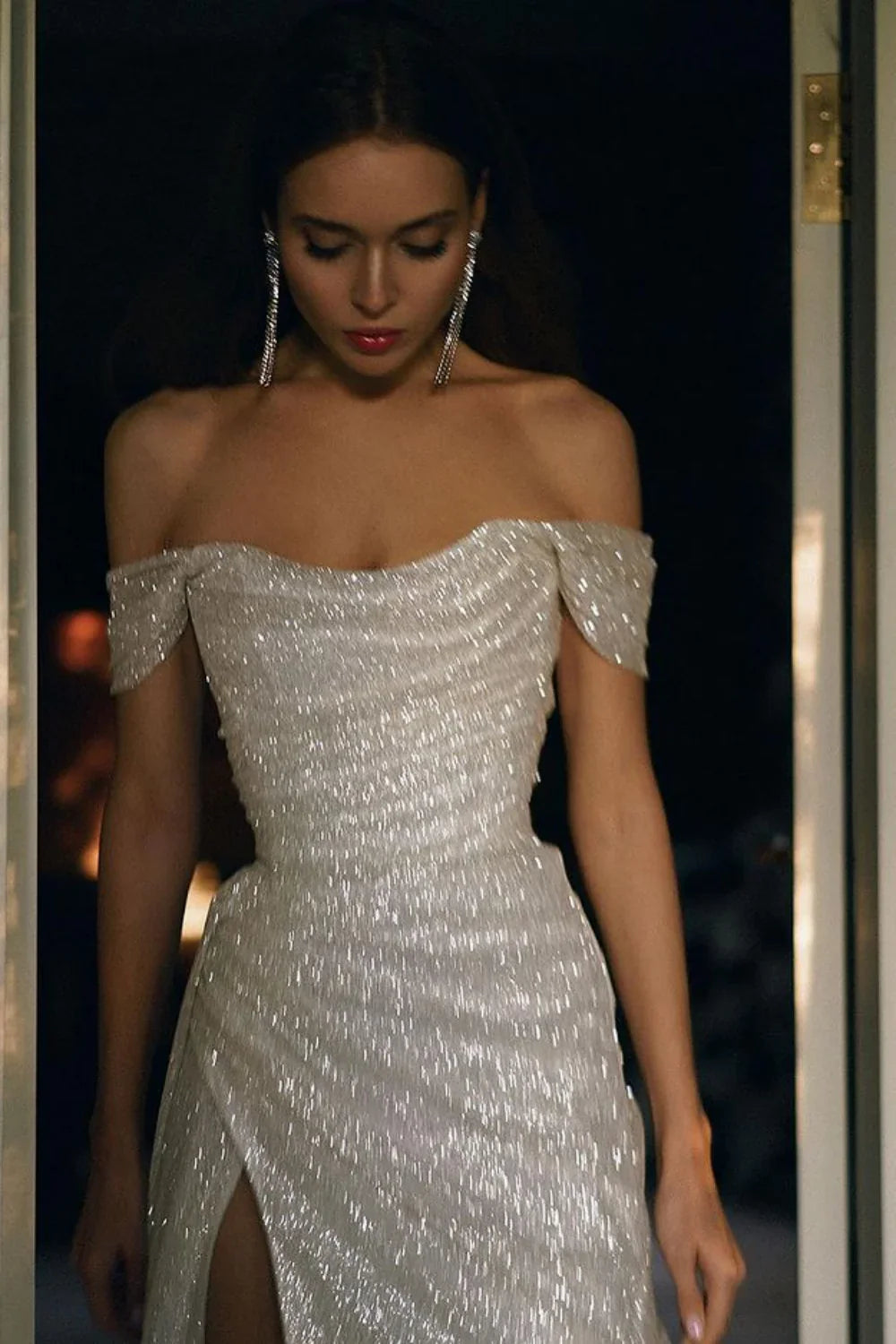 Sequins/Sparkling Mermaid Off the Shoulder Silver Sequins Long Prom Dress with Split Front