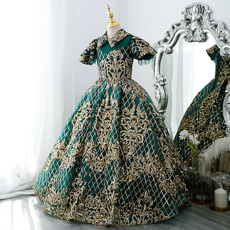 Mädchen Festkleid Kinder Vintage Wunderschönes grünes goldenes Pailletten-Party-Prinzessinnen-Kommunionskleid 