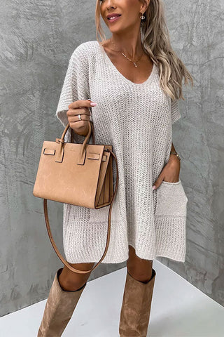 Suéter tipo poncho Meridress de gran tamaño con cuello en V, mangas cortas y bolsillos