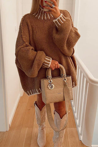 Meridress Turtleneck Drop Shoulder Color Block Pullover Sweater