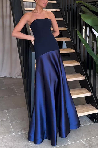 (En 5 colores) Vestido maxi de fiesta con vuelo y patchwork sin tirantes Meridress