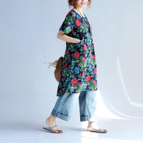 Vintage Loose Women Printing Button Pocket Dress