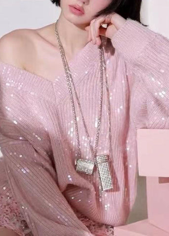 Schöne Rosa V-Ausschnitt Pailletten Patchwork Strickpullover Herbst 