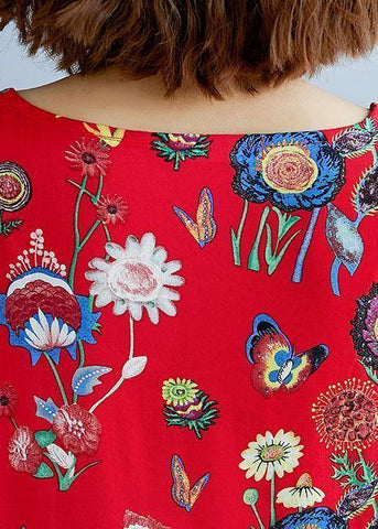 Einfache rote Druck Baumwollkleidung für Frauen O-Ausschnitt Cinched Kleider Sommerkleider 