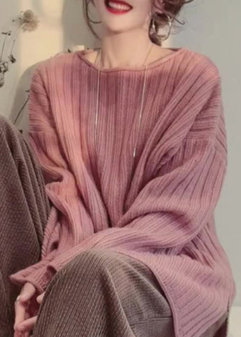 Lässige gemütliche rosa O-Ausschnitt Patchwork gestrickte Tops Frühling 