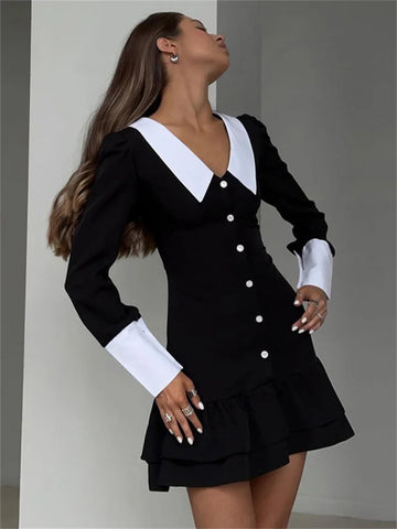 Tossy Vintage Kontrast Mini Kleid Weibliche Rüschen Patchwork Revers Elegante Club Kleid Bandage Langarm Mode Dünnes Kleid 2023 