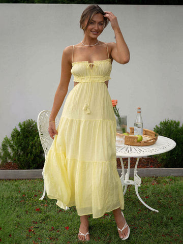 Vestido blanco con tirantes finos escalonados, aberturas y cordones, vestidos midi informales de verano 