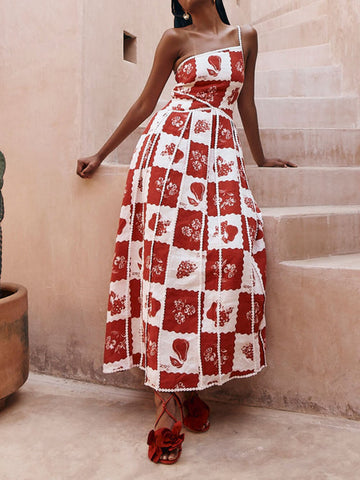 Vestido largo acampanado con un solo hombro y estampado floral 