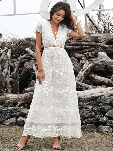 V-Neck Maxi Dress Short Sleeves Casual Floor Length Dress