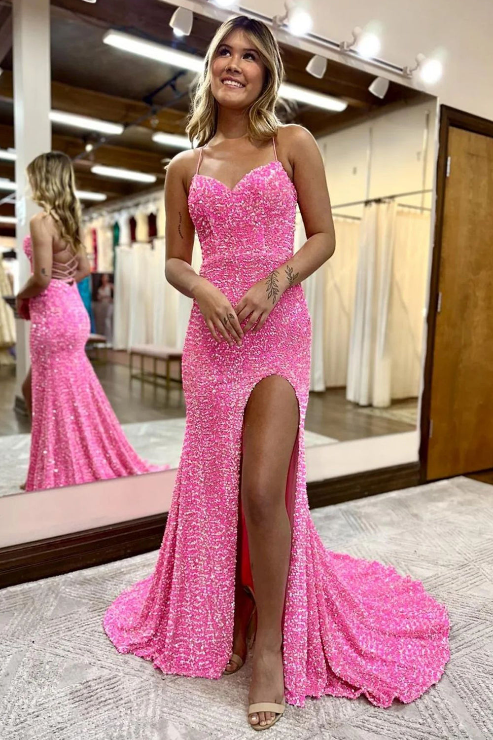 Mermaid Halter Purple Sequins Long Prom Dress with Criss Cross Back