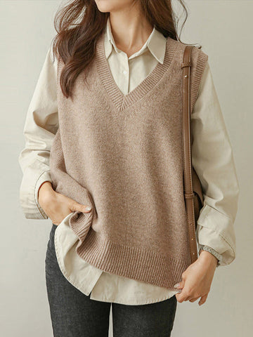 Suéter informal holgado sin mangas de color liso con cuello en V 