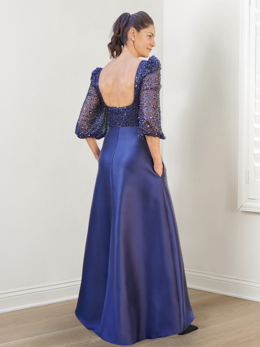 A-Linien-/Prinzessinnen-Kleid mit eckigem Ausschnitt für die Mutter der Braut, verziert mit Pailletten und Taschen 