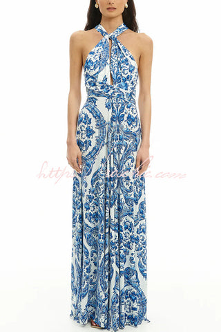 Greek Island Printed Cross Back Halter Flowy Maxi Dress