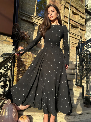 Mini Triangle Printed Dress Round Neck Long Sleeves Casual Maxi Dresses