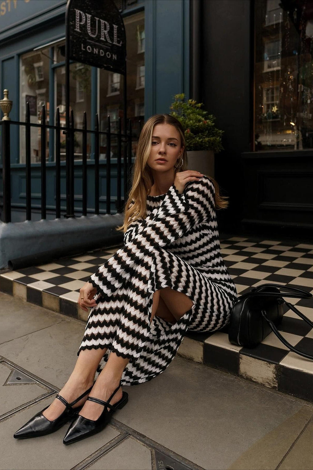Knit Striped Long Sleeve Fitted Off Shoulder Slit Maxi Dress