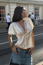 Casual Lace Satin Splice Tie Blouse