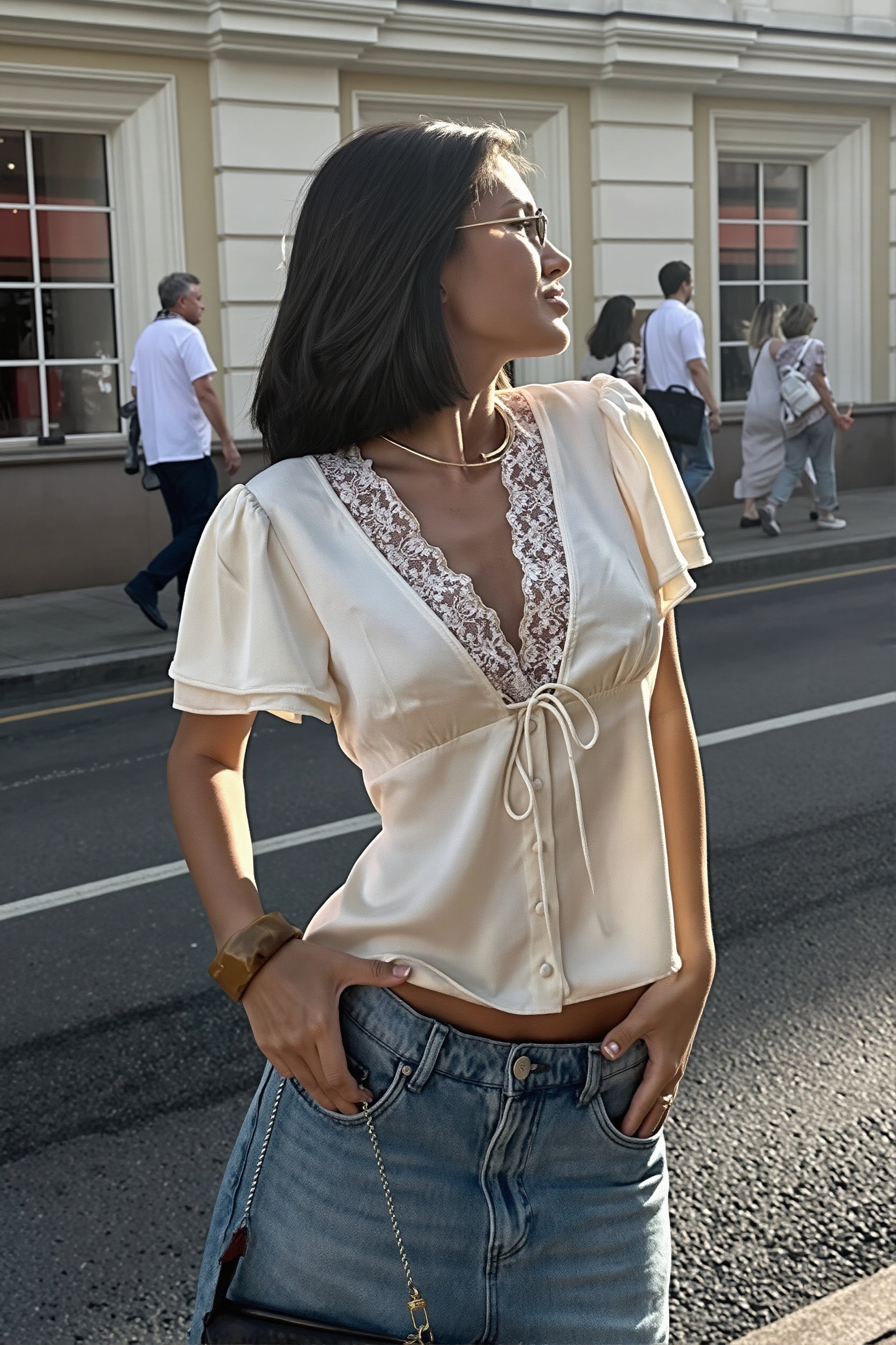 Casual Lace Satin Splice Tie Blouse