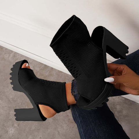 Mesh Peep Toe Platform Chunky High Heels Slingback Sandals