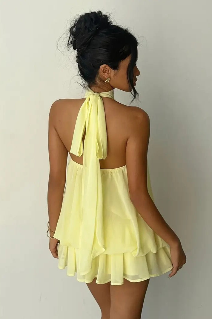 Solid Halter Cutout Back Tie Waist Cinch Mini Dress