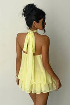 Solid Halter Cutout Back Tie Waist Cinch Mini Dress