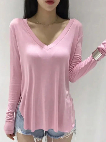 Camiseta informal con cuello en V para mujer, primavera 2024, estilo coreano, ropa para mujer, camisetas básicas, camisetas de manga larga, camisetas holgadas, camisetas 