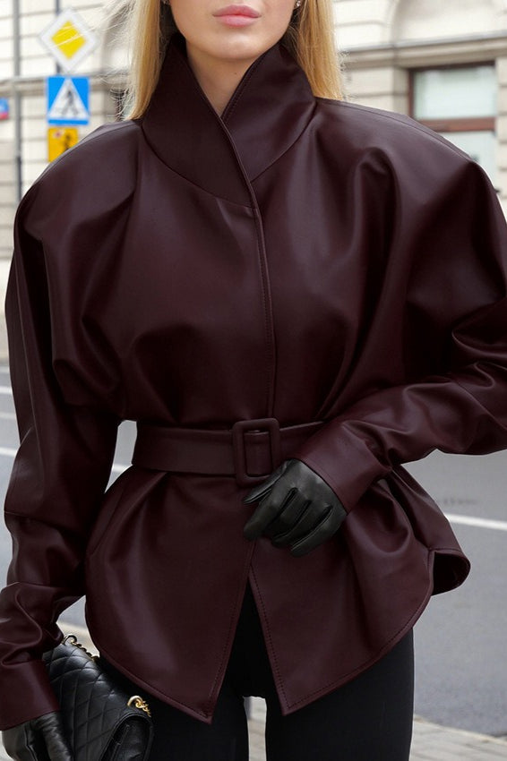 Stand Collar Trench Leather Jacket