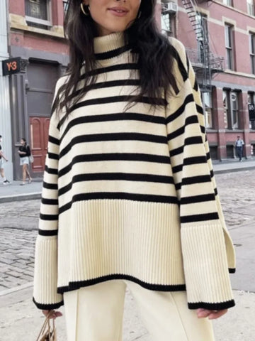 Tossy Winter Women's Striped Turtleneck Oversized Sweater – 2023 New Autumn Collection