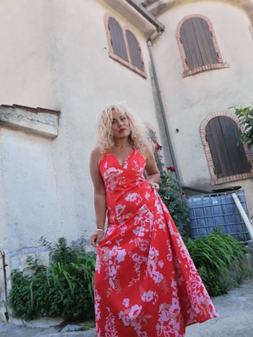 Red Maxi Dresses For Women Floral Print V-Neck Backless Floor Length Summer Dress