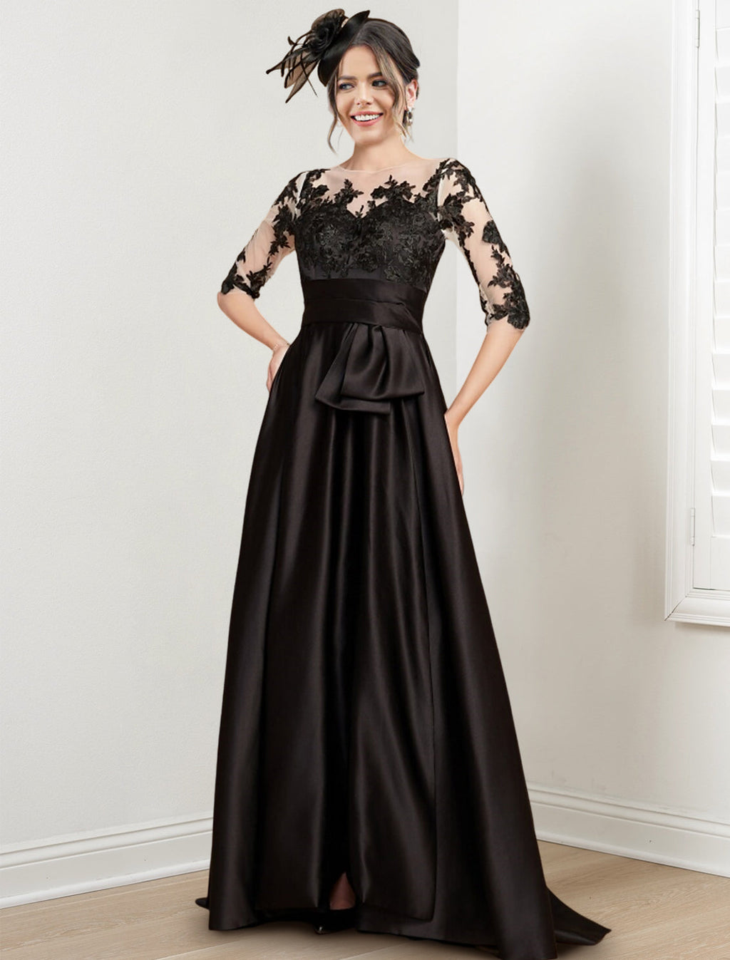 Vestidos para madre de la novia de corte A/princesa, con escote joya y largo hasta el suelo 