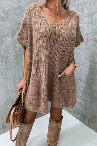 Suéter tipo poncho Meridress de gran tamaño con cuello en V, mangas cortas y bolsillos