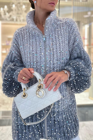 Warme, glänzende Herz-Strickjacke mit Pailletten, Ballonärmeln, Reißverschluss am Hals und lockerem Schnitt 