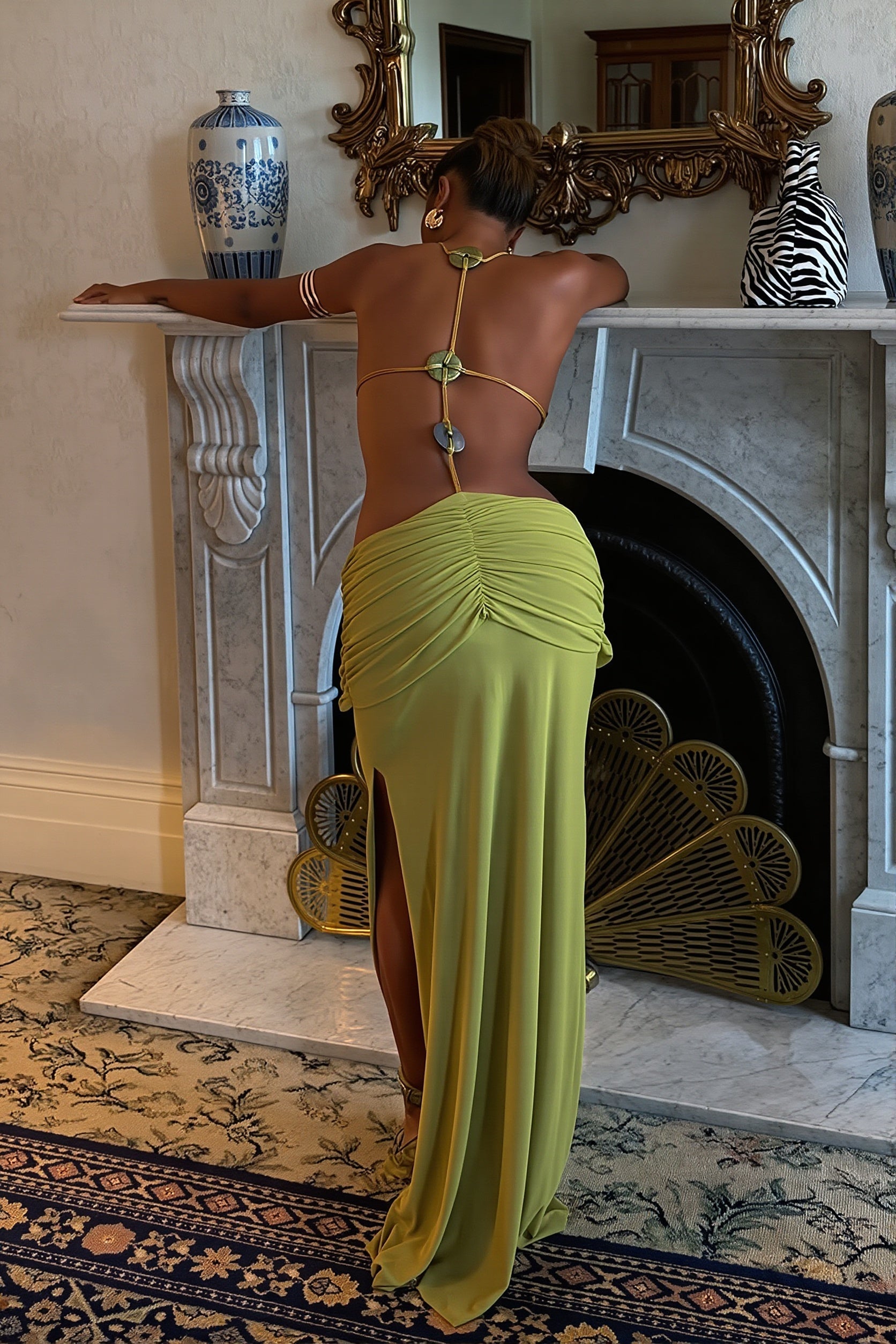 Halter Cutout Beaded Ruffle Maxi Dress