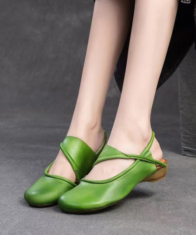 Handmade Green Cowhide Leather Splicing Hollow Out Walking Sandals
