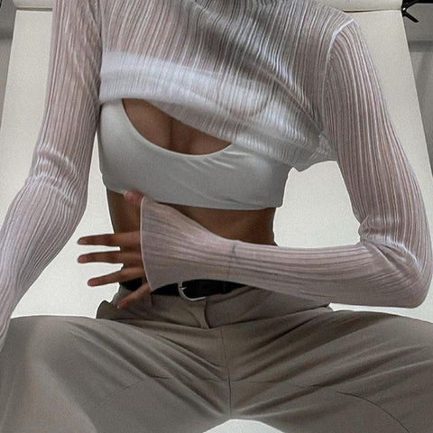 Otoño 2024, elegantes camisetas transparentes de manga larga con cuello alto para mujer, moda urbana, camisetas sexys, ropa ajustada 