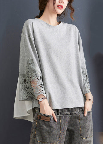 Frauen Grau Rüschen Spitze Patchwork Baumwolle Tops Frühling 