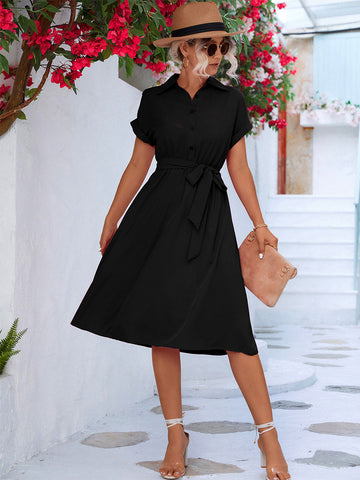 Shirt Midi Dress Turndown Collar Buttons Short Sleeves Shirt Dresses
