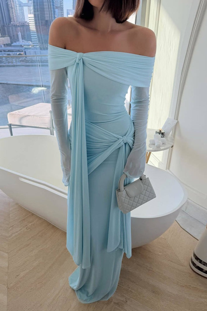 Off Shoulder Long Sleeve Solid Tie Bodycon Maxi Dress