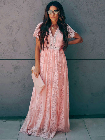 V-Neck Maxi Dress Short Sleeves Casual Long Dress