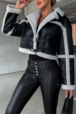 Abrigo de manga larga con correa de hebilla y forro de felpa de cuero Venezia 