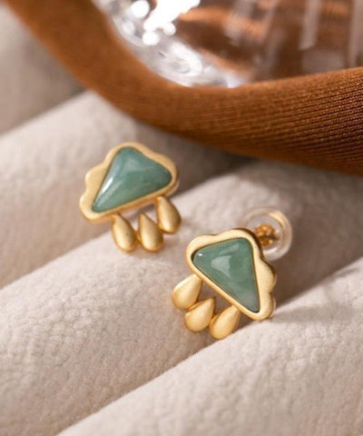Pendientes Vogue de plata de ley verde con forma de nube de jade dorado y gotas de agua 