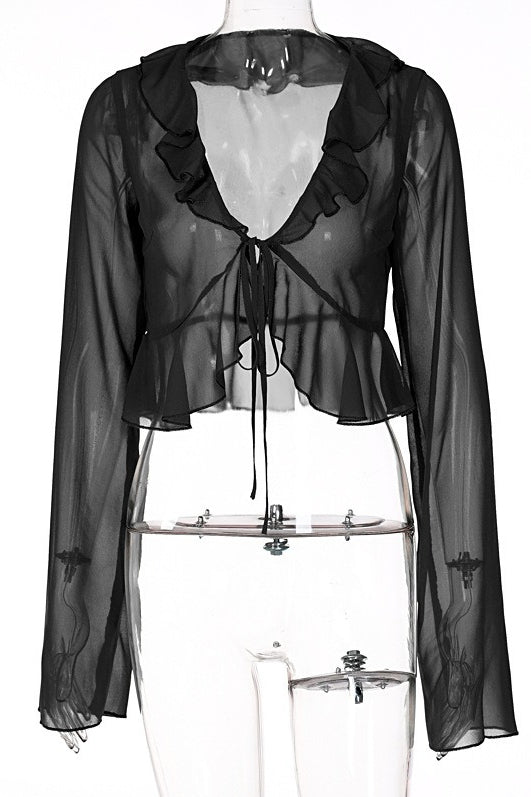 Sheer Flowy Ruffle V Cropped Blouse