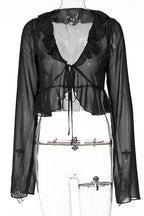 Sheer Flowy Ruffle V Cropped Blouse