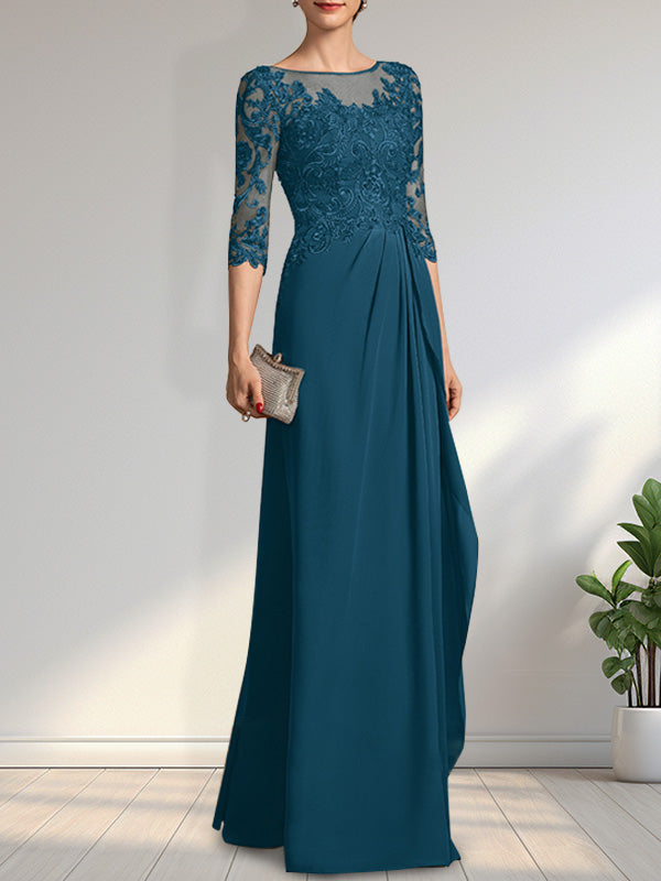 A-Linien-Kleid mit U-Boot-Ausschnitt, Illusion-Effekt, bodenlang, aus Chiffon und Spitze, mit Perlen, Pailletten und kaskadenartigen Rüschen – perfekt für die Mutter der Braut.