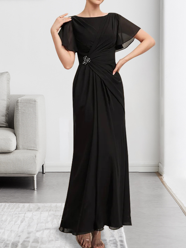 A-Linien-Chiffonkleid mit Rundhalsausschnitt, knöchellang, mit Perlenstickerei und Falten für die Mutter der Braut